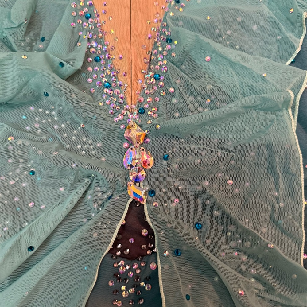 Figure Skating Customized Dress Teal Aqua Ombré Rhinestone Stoned Long Sleeve XS - Picture 9 of 17